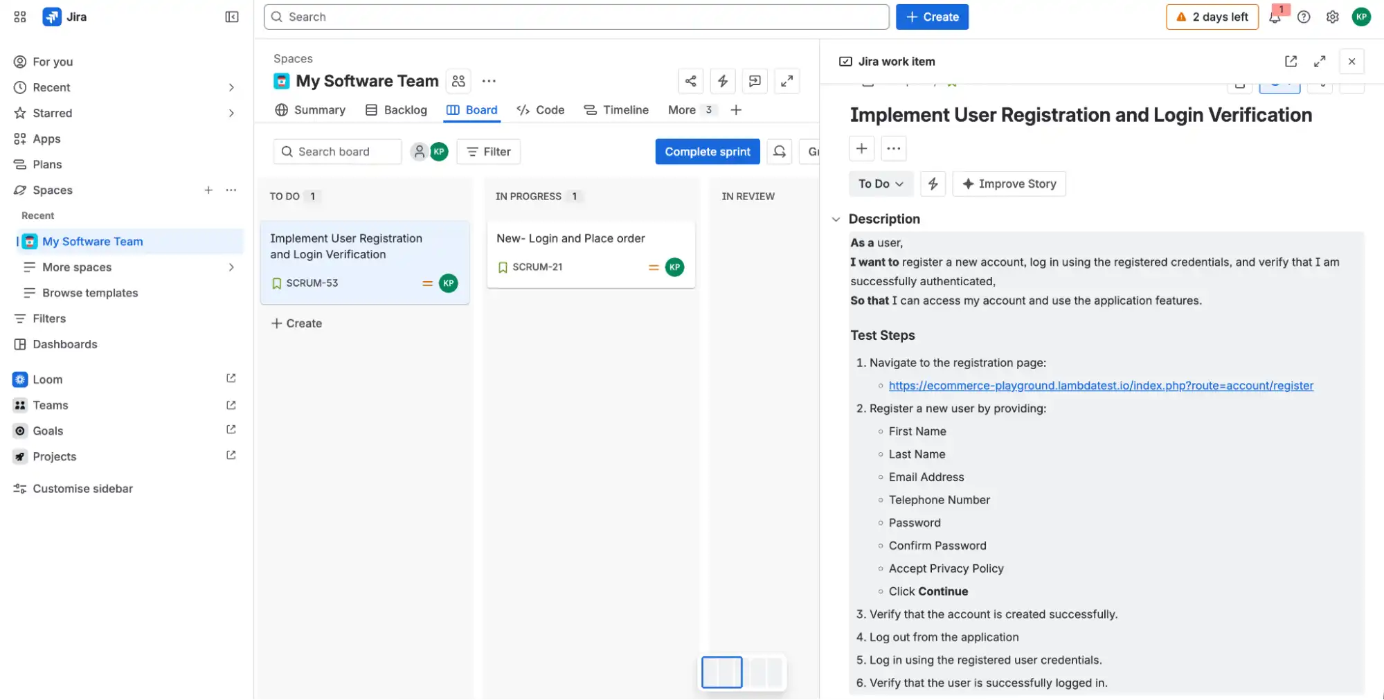 jira user story created