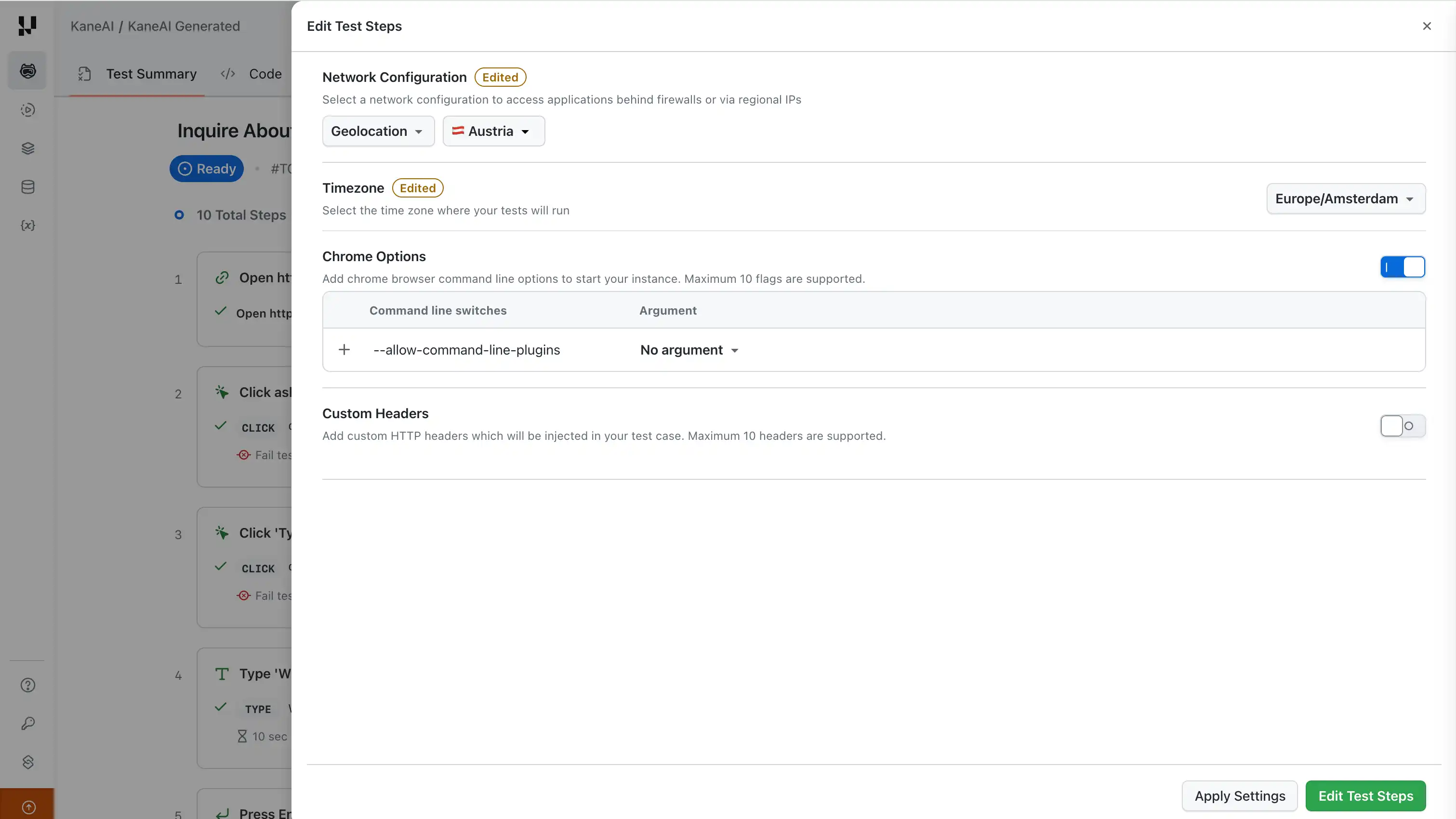 Edit advanced settings on an existing KaneAI test case