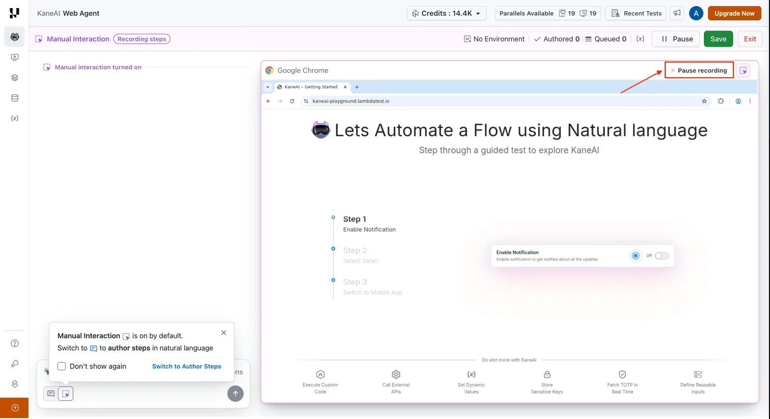 Pause and resume recording in KaneAI Manual Interaction