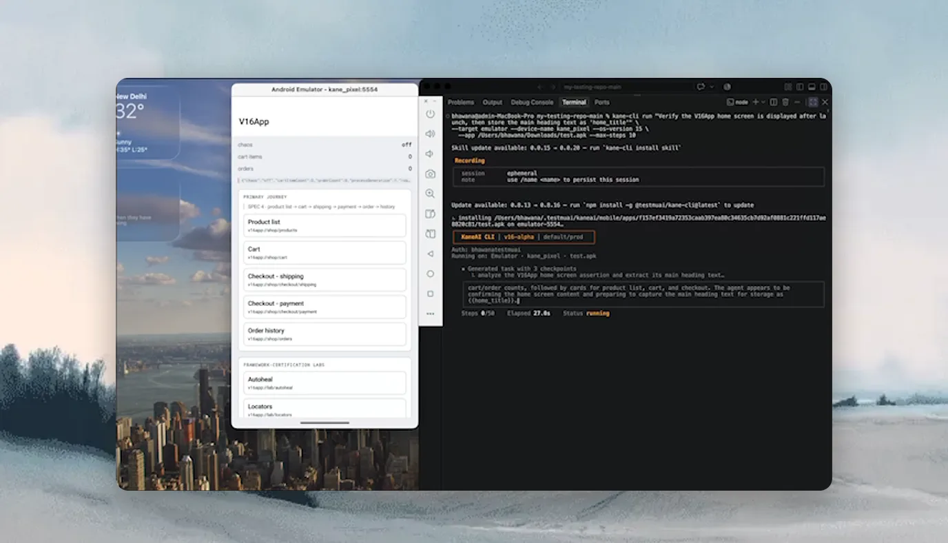 Kane CLI mobile QA agent running a native app test on the Android Emulator beside the terminal