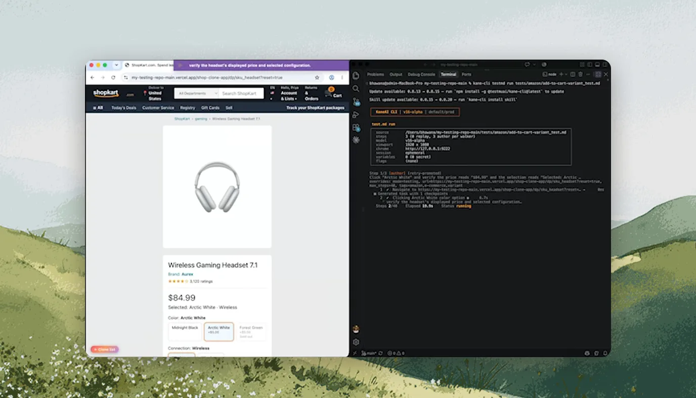Kane CLI web QA agent running a natural language test on a shopping site in Chrome beside the terminal