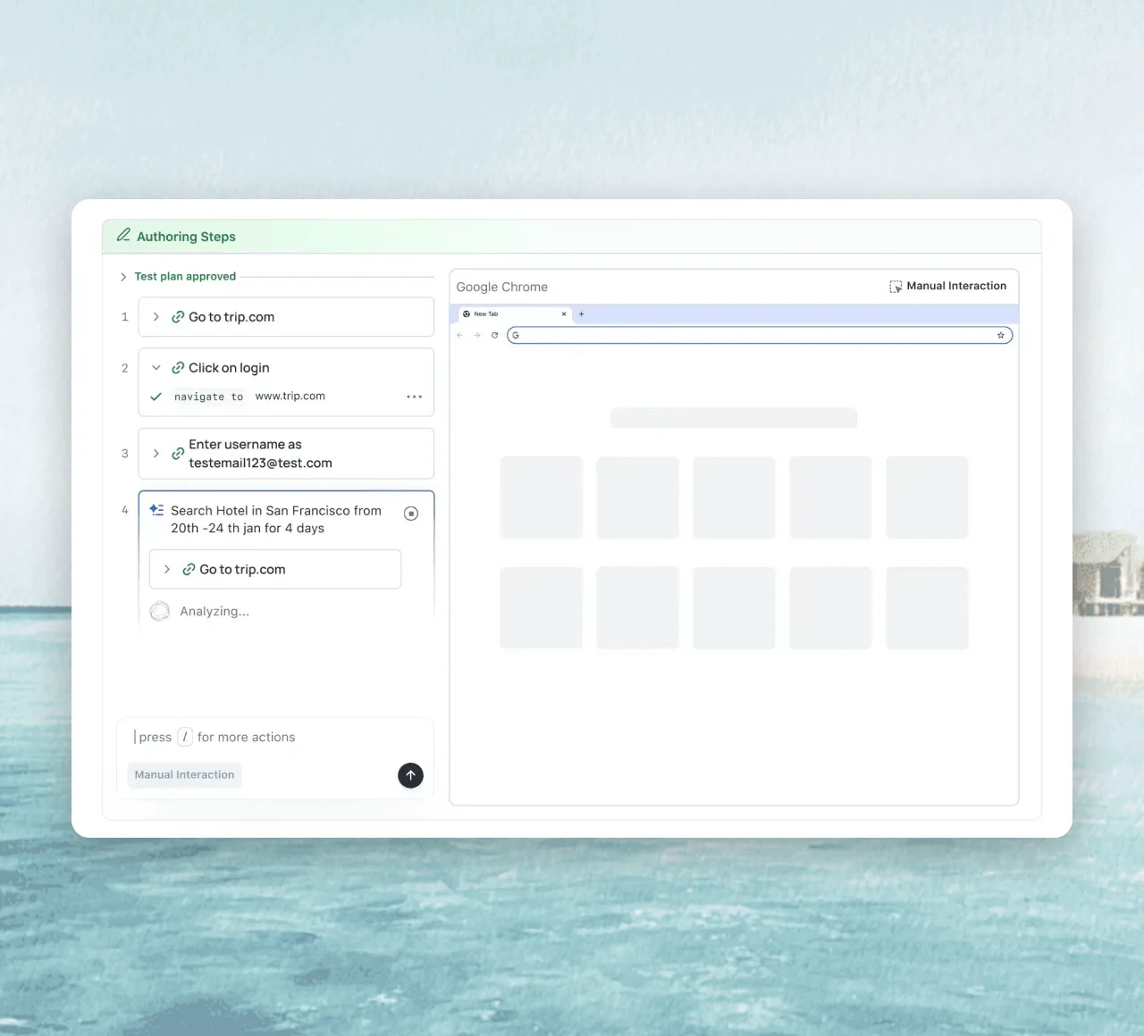 KaneAI authoring test steps in natural language beside a Chrome window with Manual Interaction recording