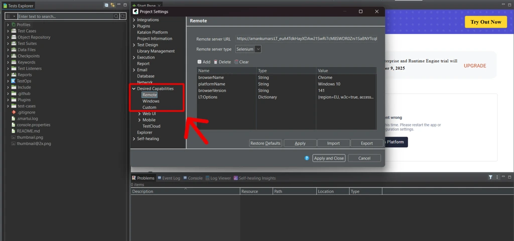 katalon studio confirguration screen