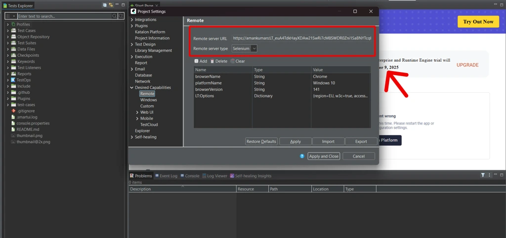 katalon studio confirguration screen