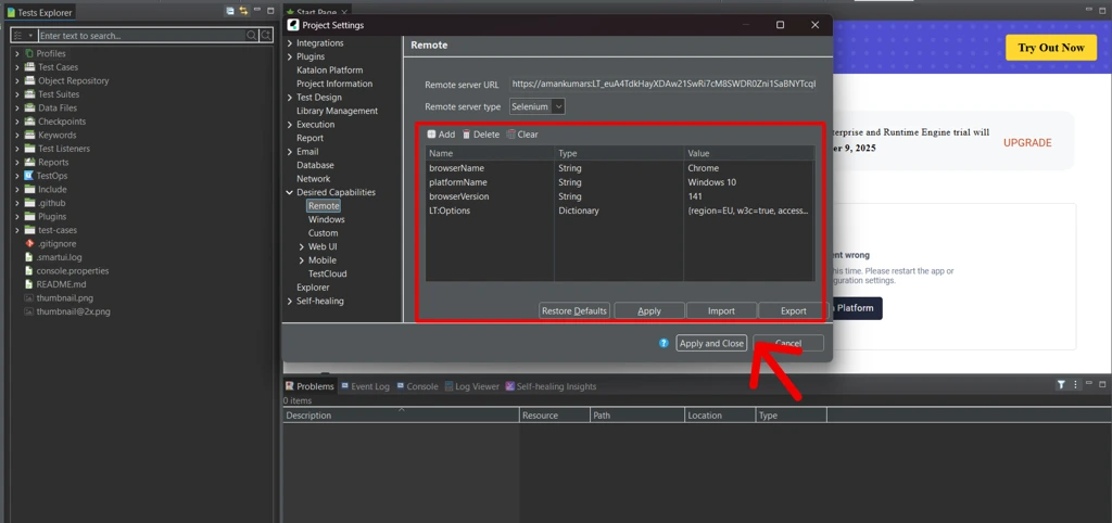 katalon studio confirguration screen