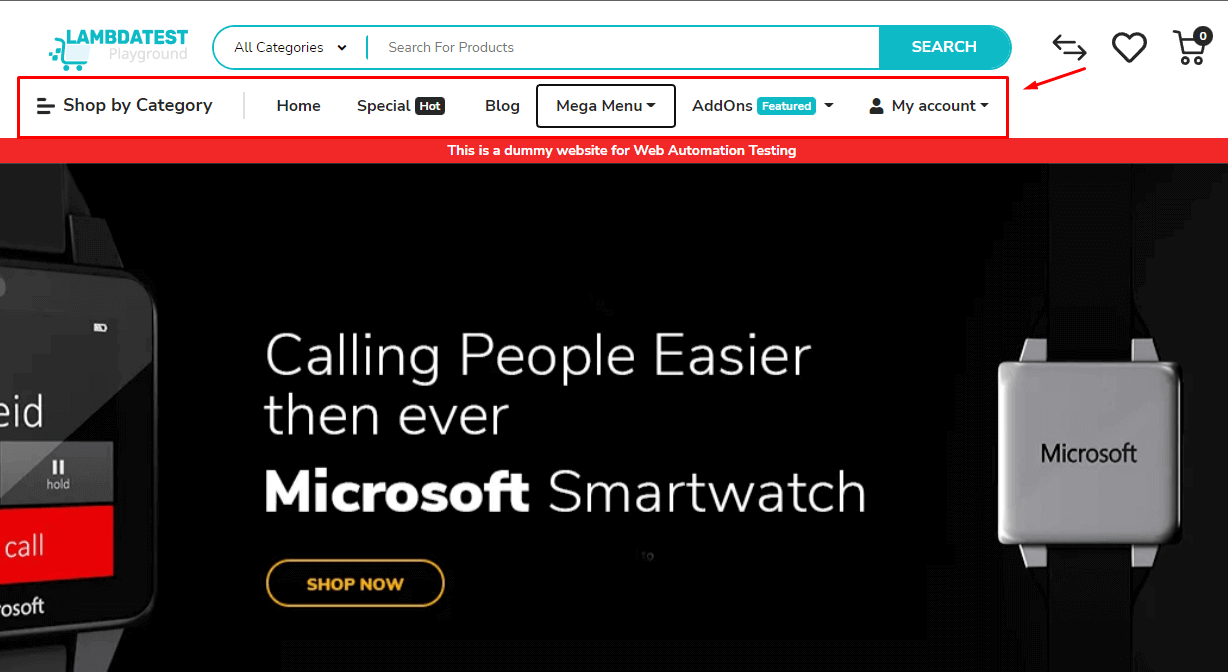 TestMu AI ecommerce each element in the navbar