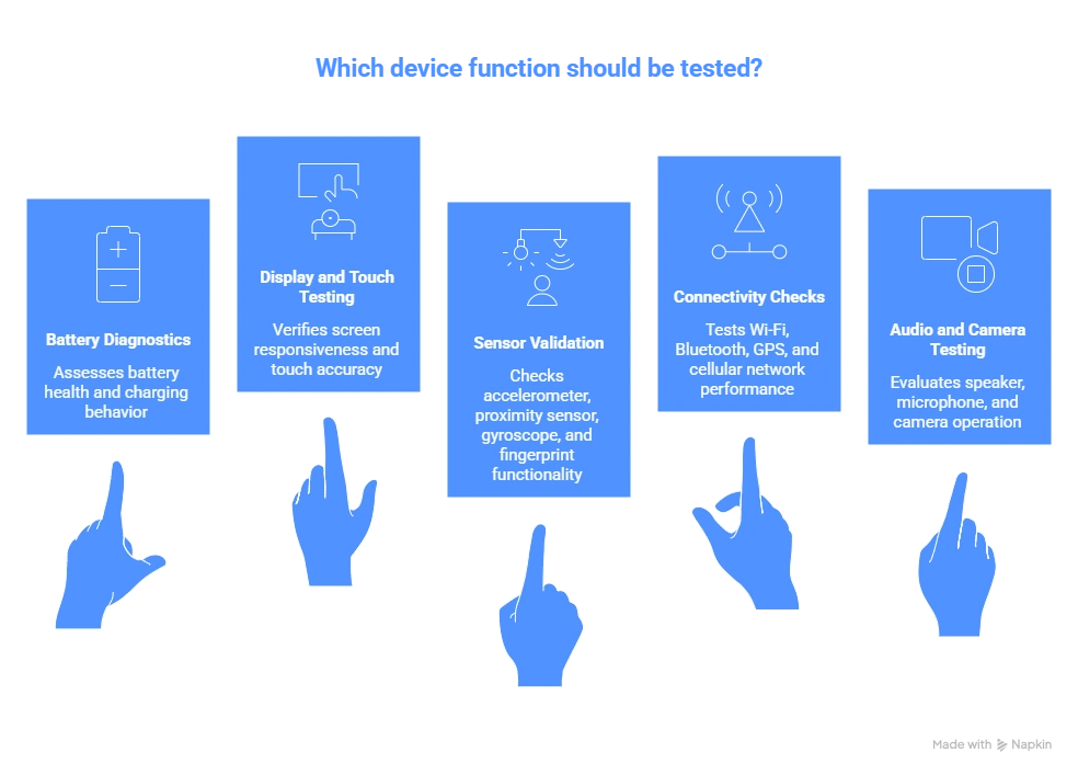 CQATest app diagnostic examples showing hardware and software test categories