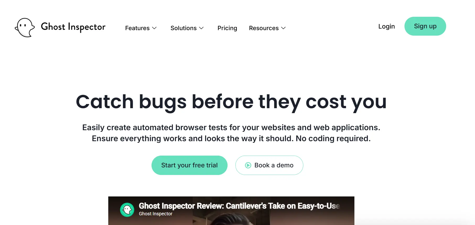 Ghost Inspector page describing codeless end-to-end browser test automation