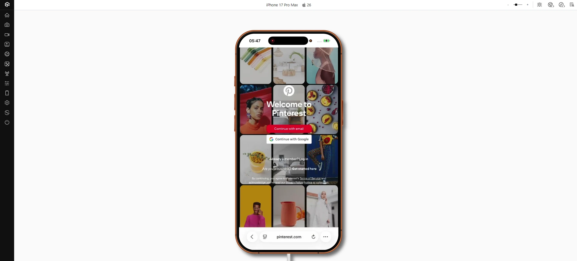 Pinterest PWA on LambdaTest Real Device Cloud