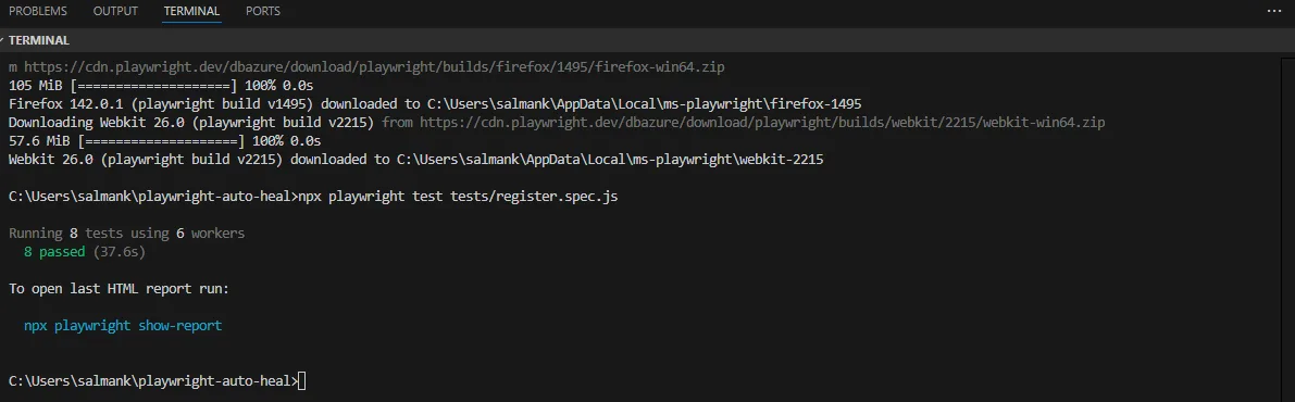 Local Playwright test execution results in the terminal