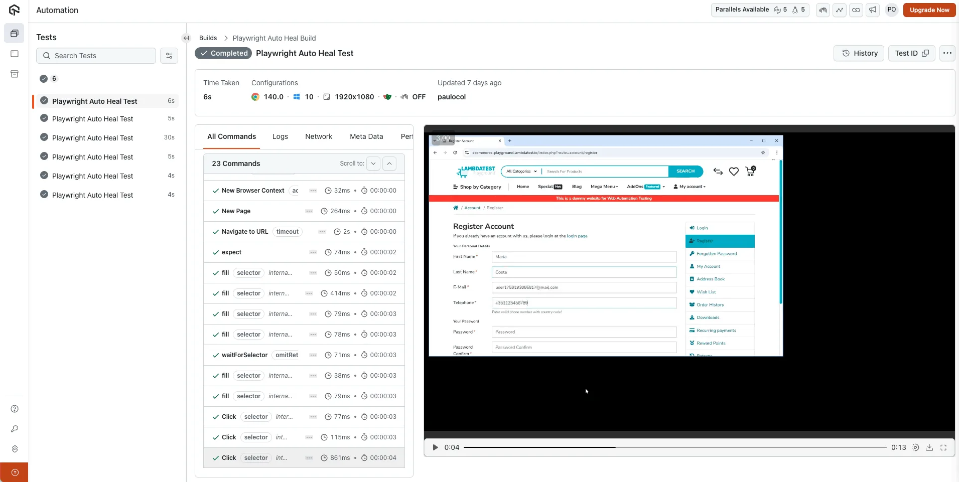 Playwright autoHeal test execution results on the TestMu AI cloud grid