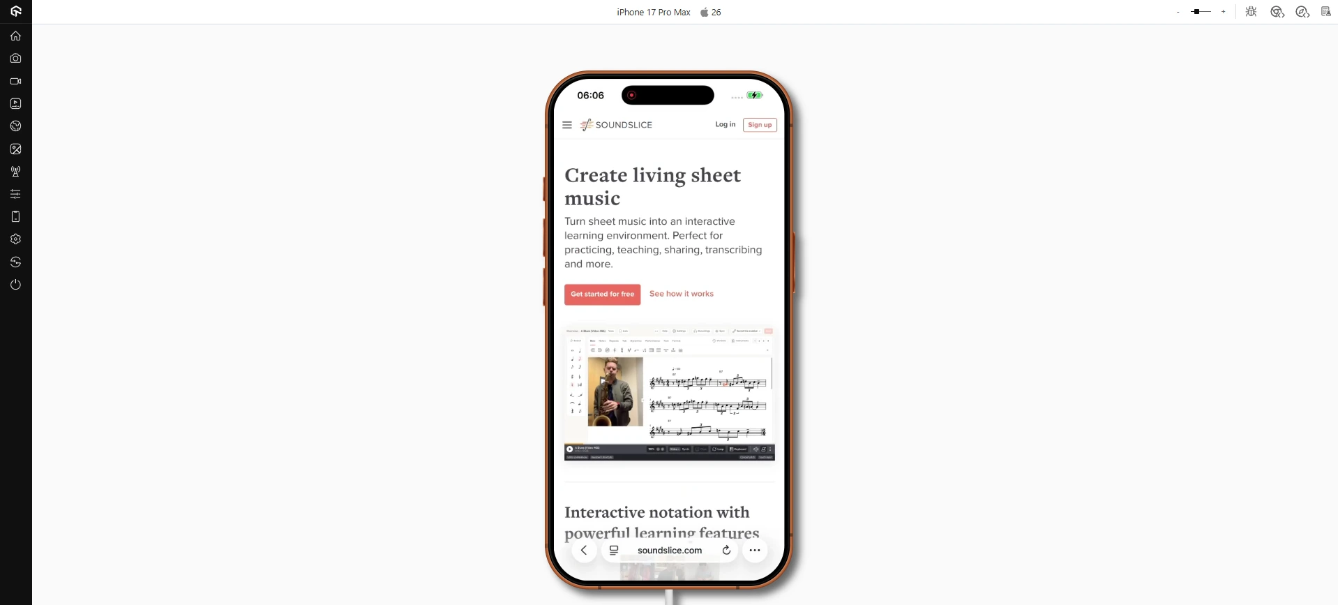 Soundslice PWA on LambdaTest Real Device Cloud