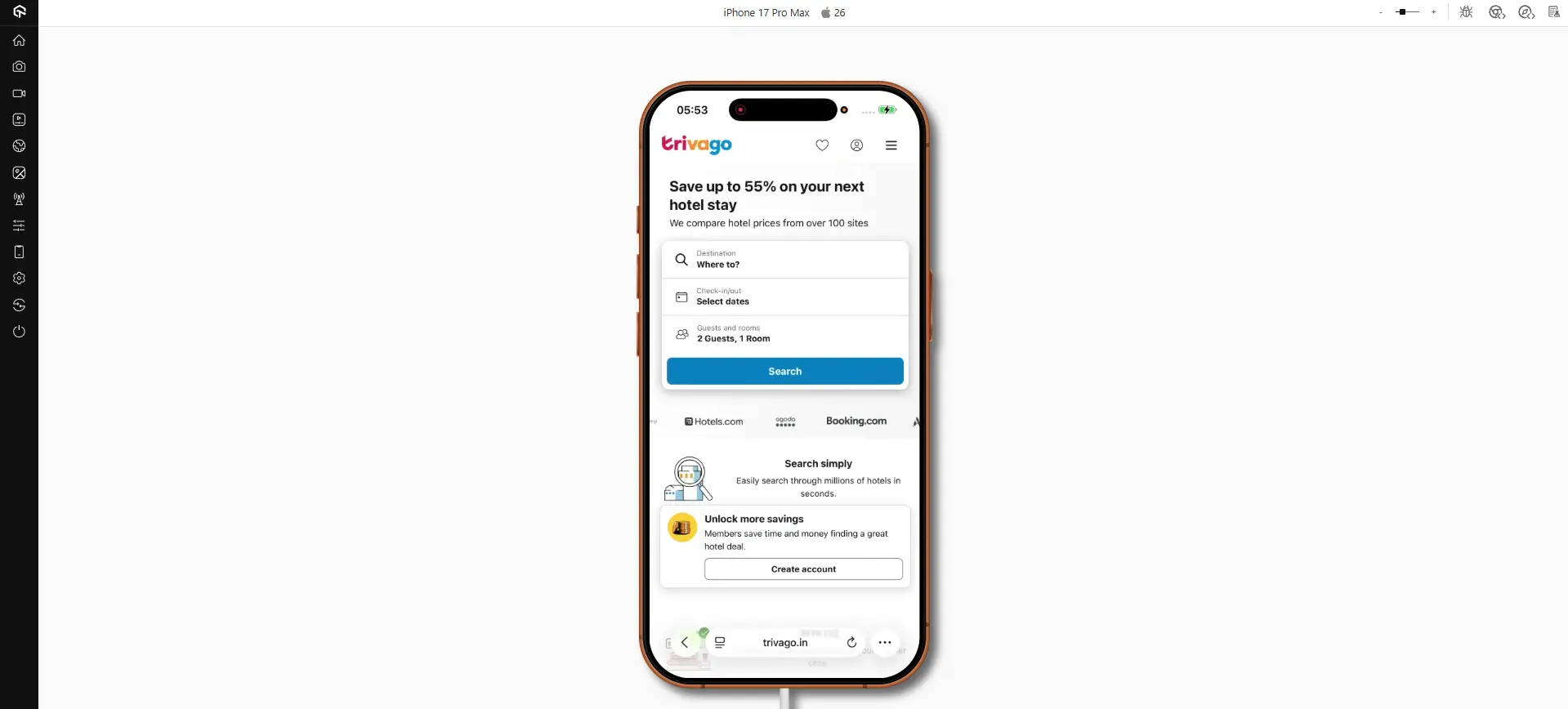Trivago PWA on LambdaTest Real Device Cloud