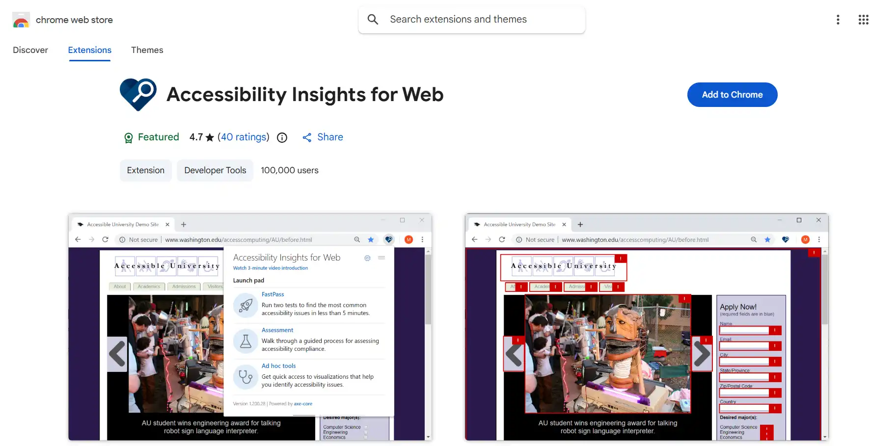 Accessibility Insights for Web extension showing guided assessment steps and WCAG compliance results