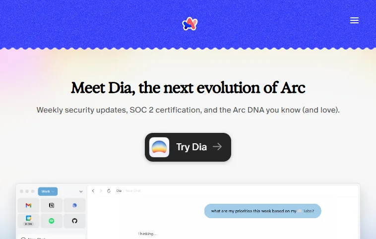 arc.net now pointing users to Dia Arc website leading with Meet Dia, the next evolution of Arc