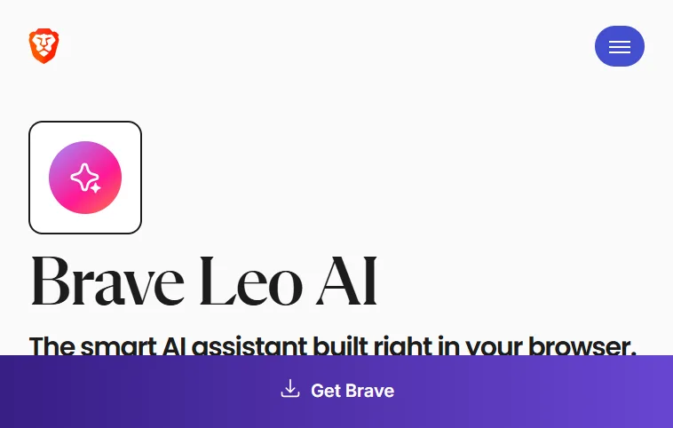 Brave Leo AI Brave Leo AI page describing the smart AI assistant built into Brave