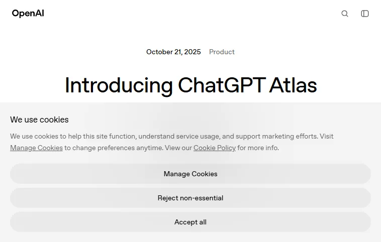 ChatGPT Atlas launch page OpenAI ChatGPT Atlas launch page dated October 21, 2025