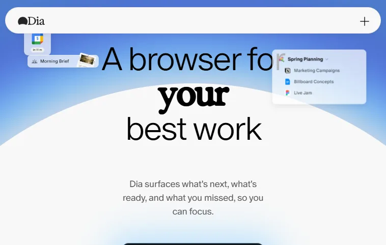 Dia browser homepage Dia browser homepage with the tagline a browser for your best work