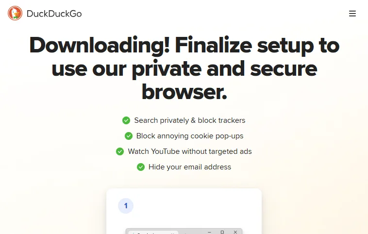 DuckDuckGo browser DuckDuckGo private browser setup page listing private search and tracker blocking