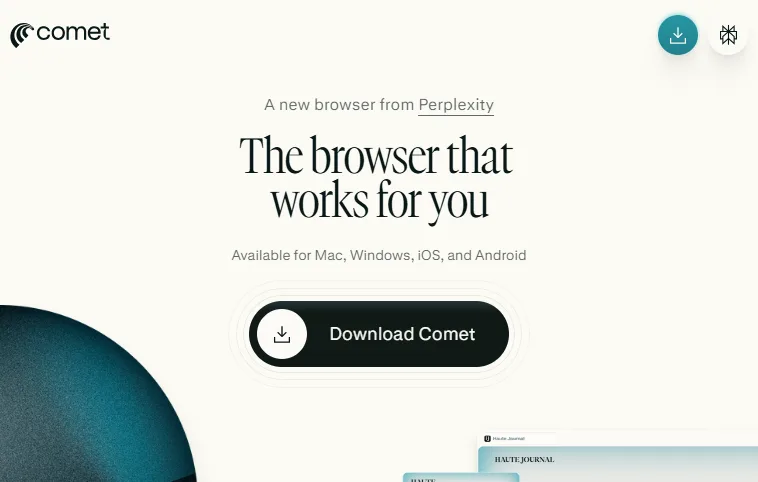 Perplexity Comet AI browser Perplexity Comet AI browser landing page showing Download Comet and availability on Mac, Windows, iOS, and Android