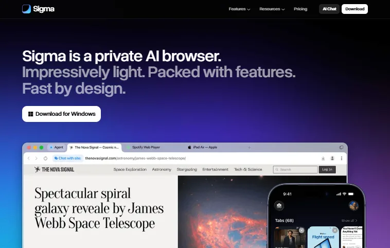 Sigma AI Browser Sigma private AI browser homepage describing it as impressively light and fast by design