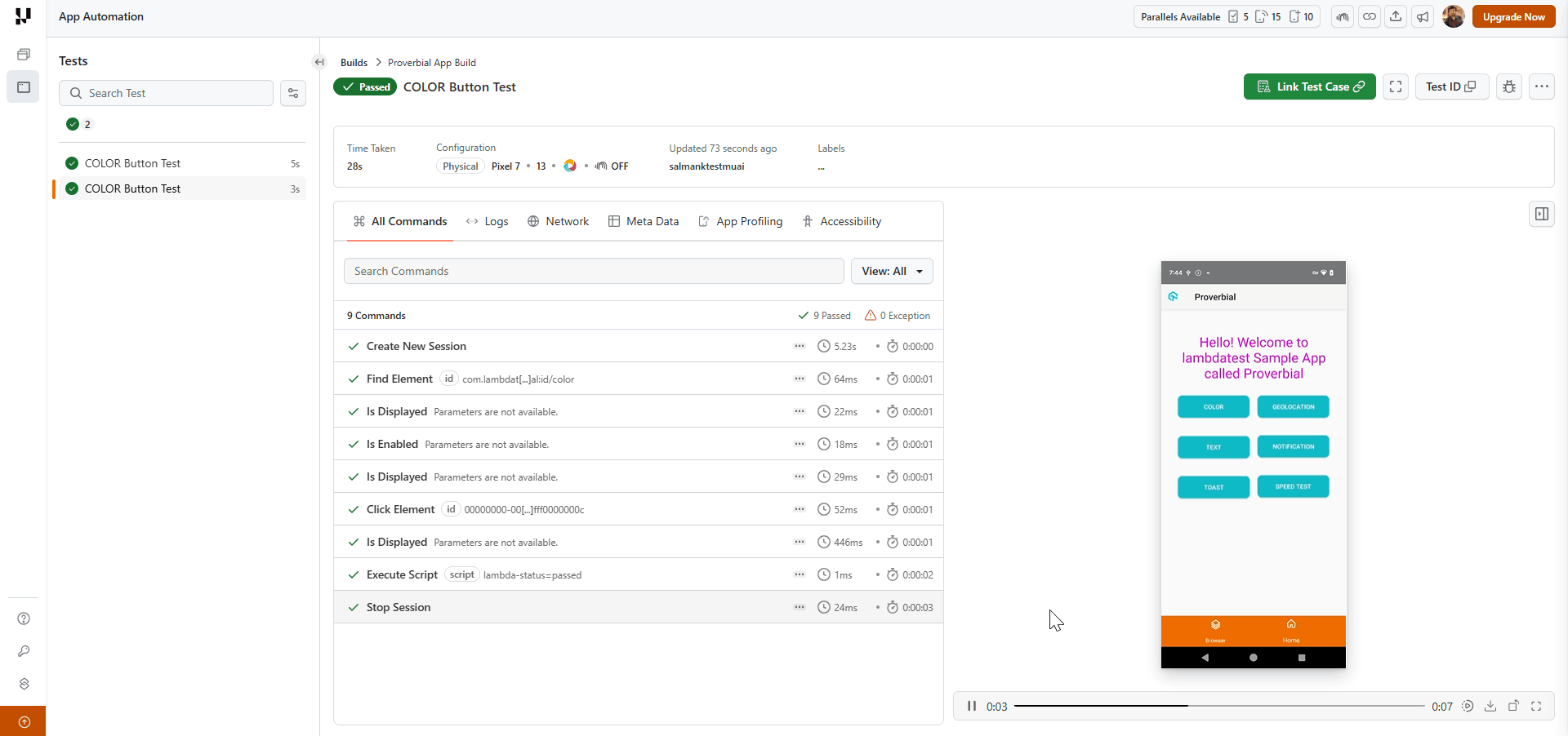 TestMu AI Real Device Cloud dashboard showing successful Appium test execution