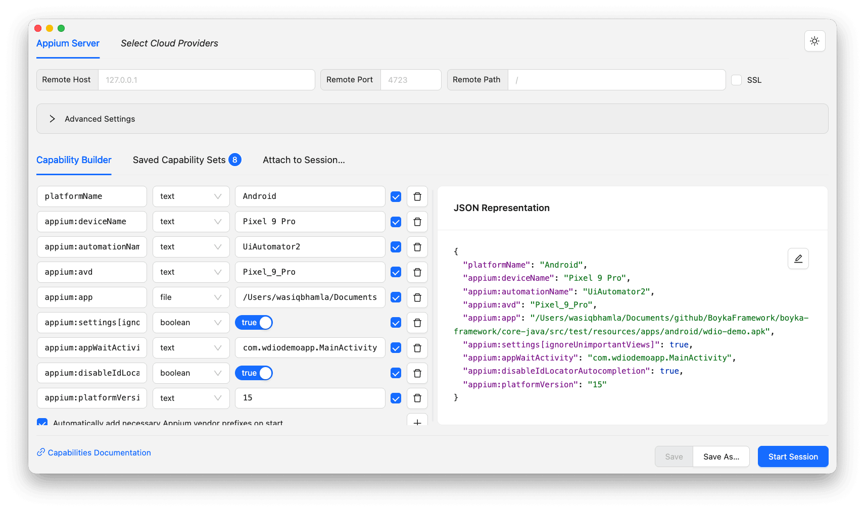Appium Inspector capabilities builder Appium Inspector capabilities builder page for configuring Android session