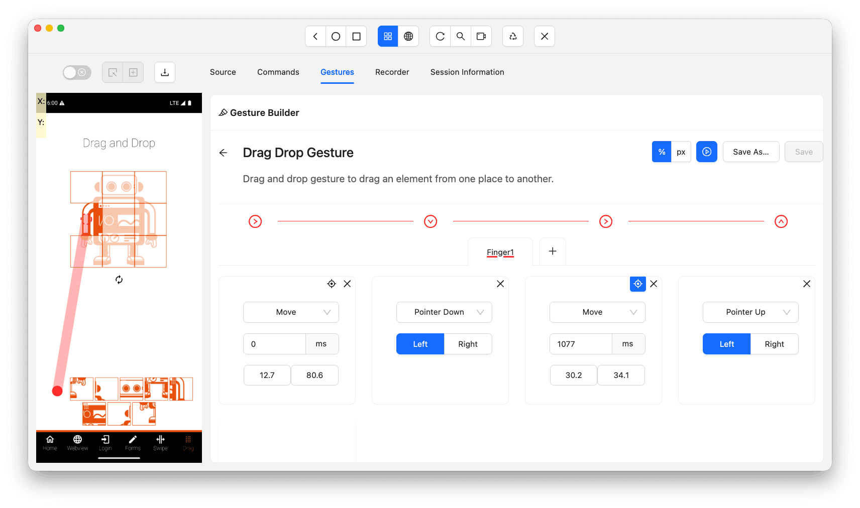 Appium Inspector drag and drop gesture Drag and drop gesture configuration in Appium Inspector
