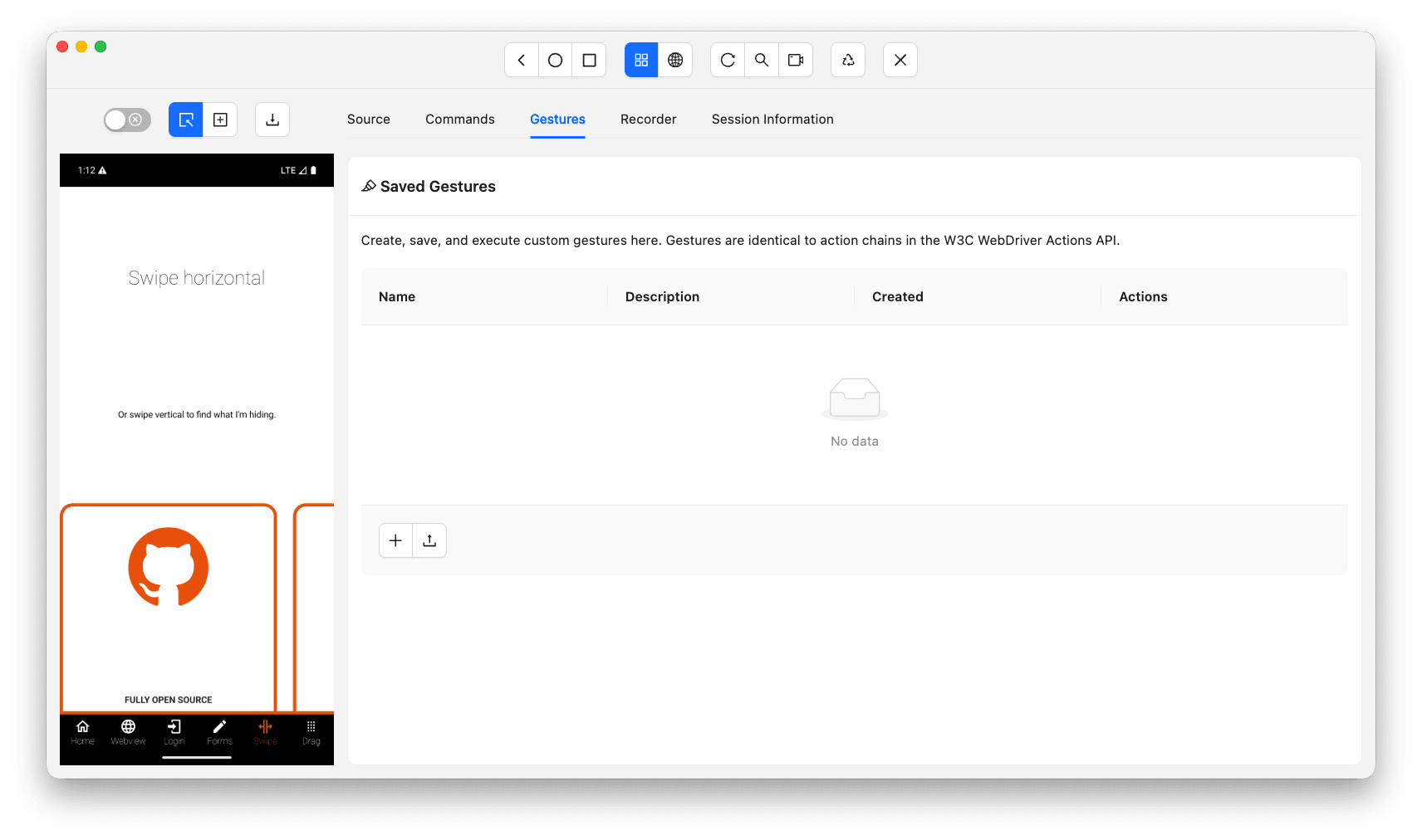 Appium Inspector gestures tab Appium Inspector gestures tab showing custom gesture builder