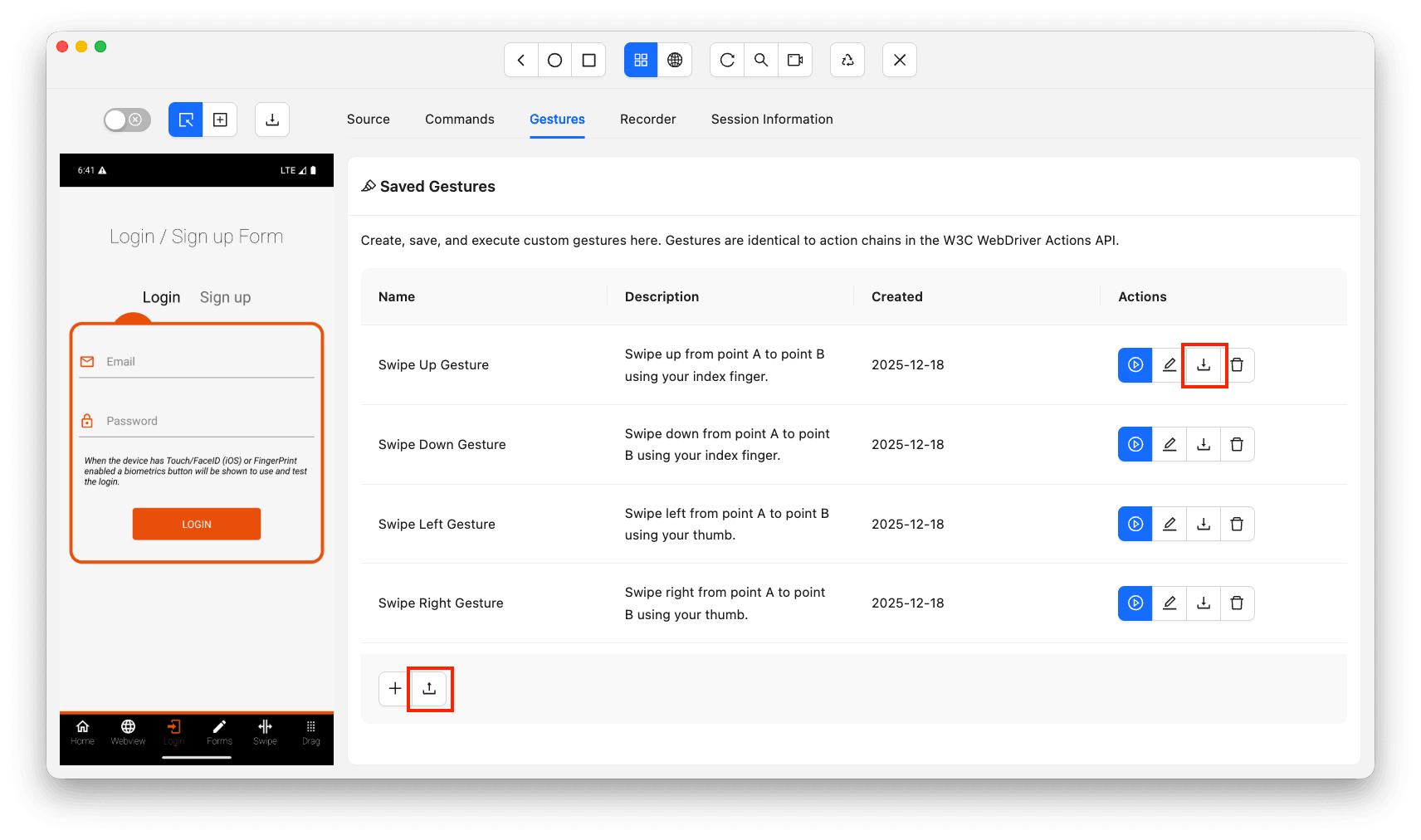 Appium Inspector import export gesture Import and export gesture buttons in Appium Inspector
