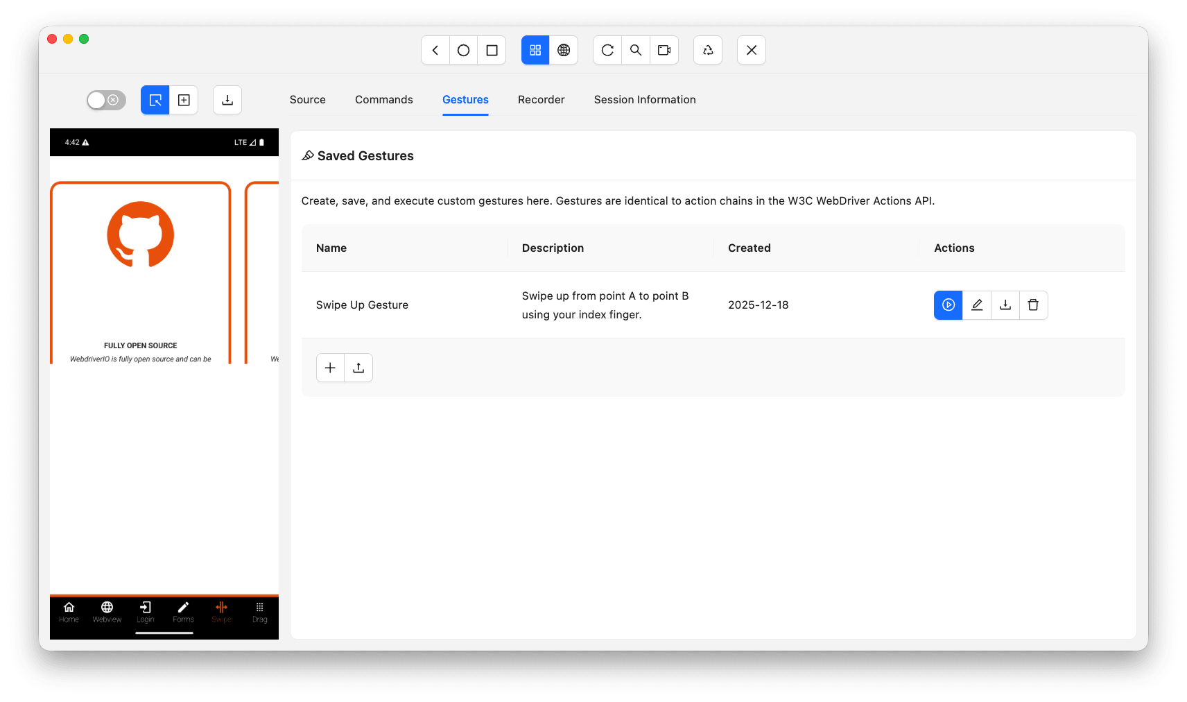 Appium Inspector saved gestures Saved gestures list in Appium Inspector