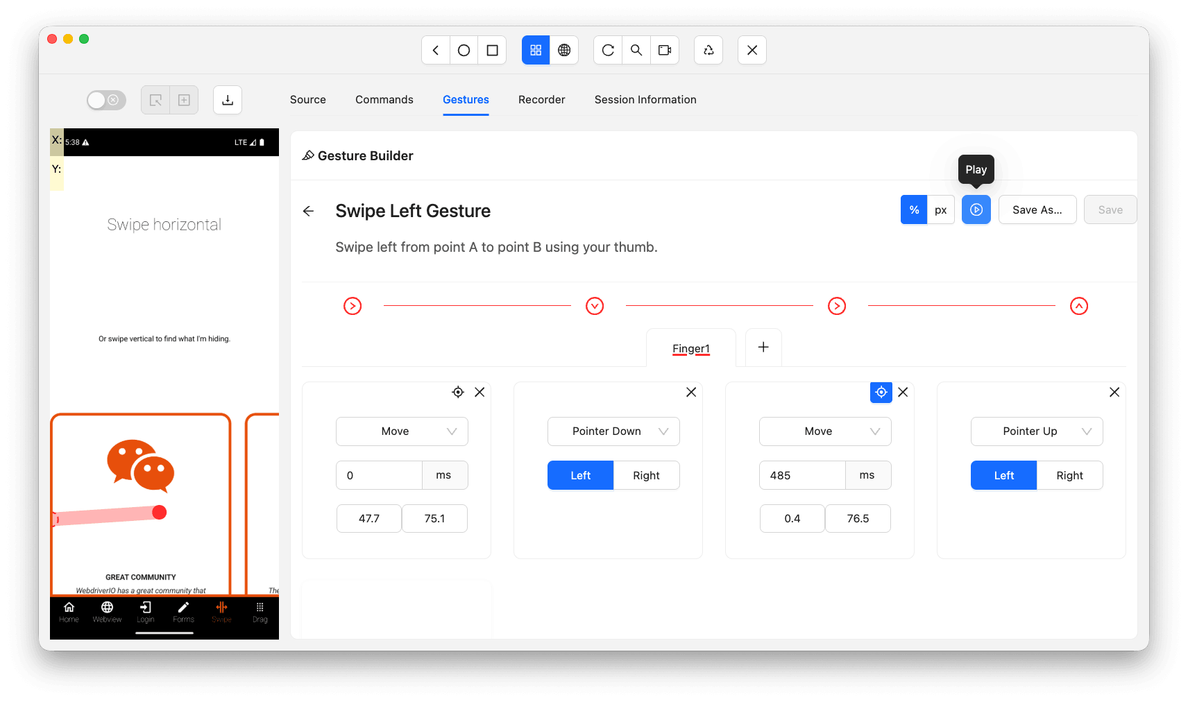 Appium Inspector swipe left gesture Swipe left gesture configuration in Appium Inspector