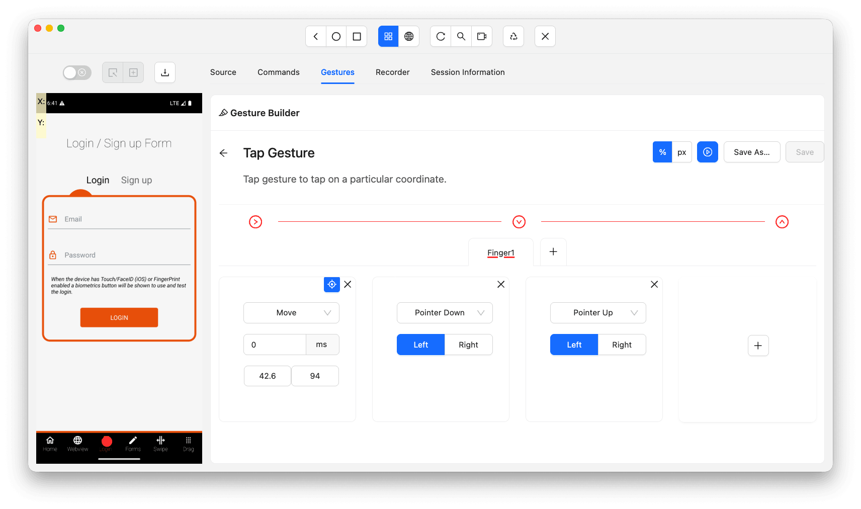Appium Inspector tap gesture Tap gesture configuration in Appium Inspector