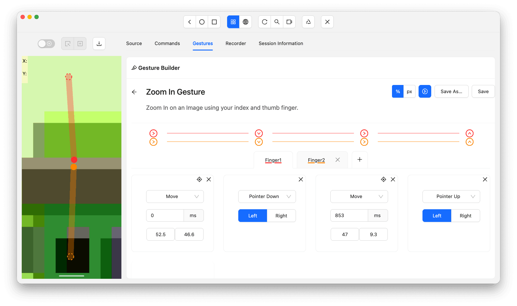 Appium Inspector zoom in gesture Zoom in multi-finger gesture configuration in Appium Inspector