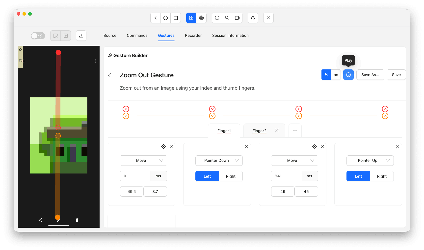 Appium Inspector zoom out gesture Zoom out multi-finger gesture configuration in Appium Inspector