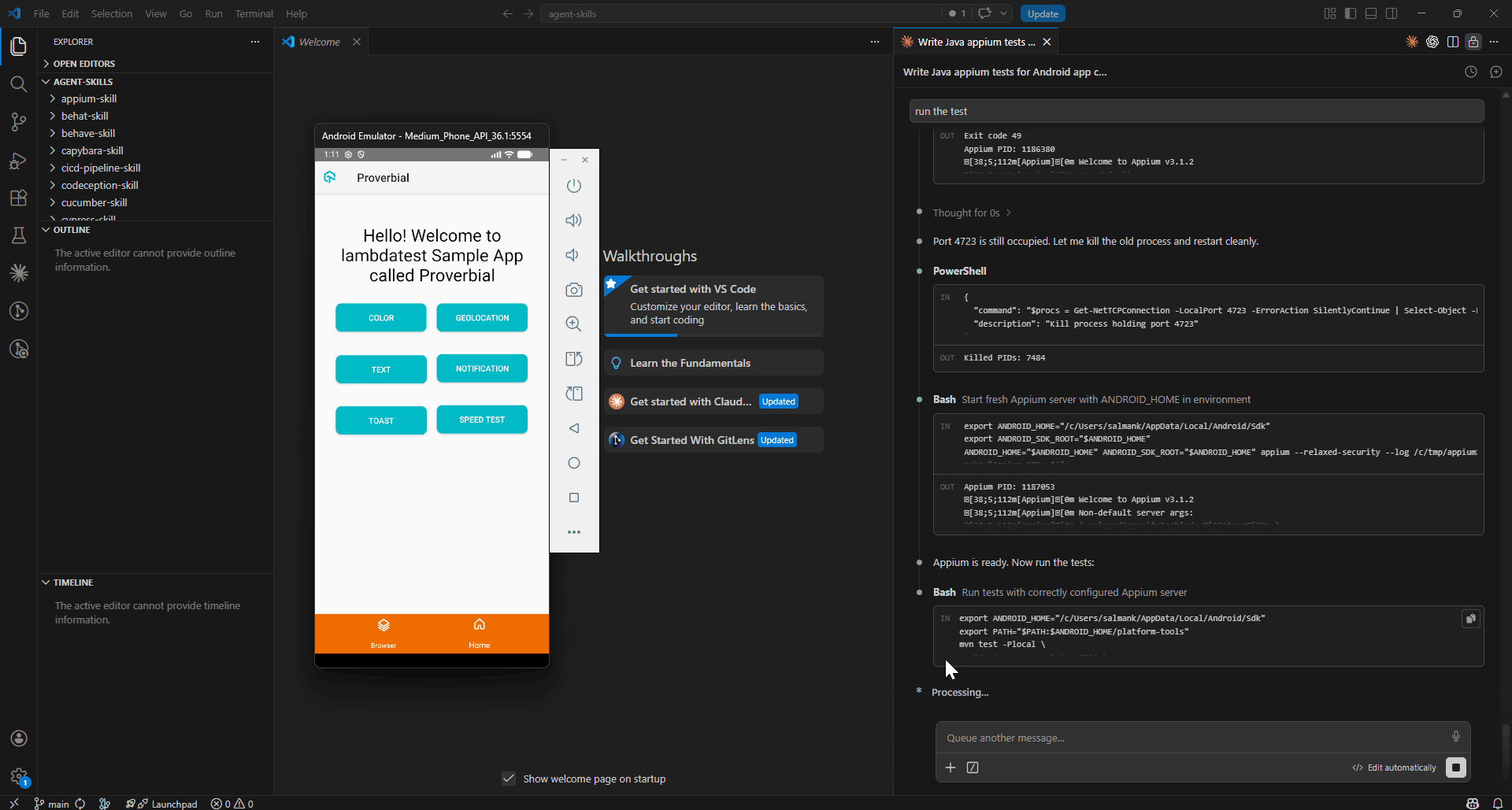 Appium test passed locally in the terminal using Appium Skill