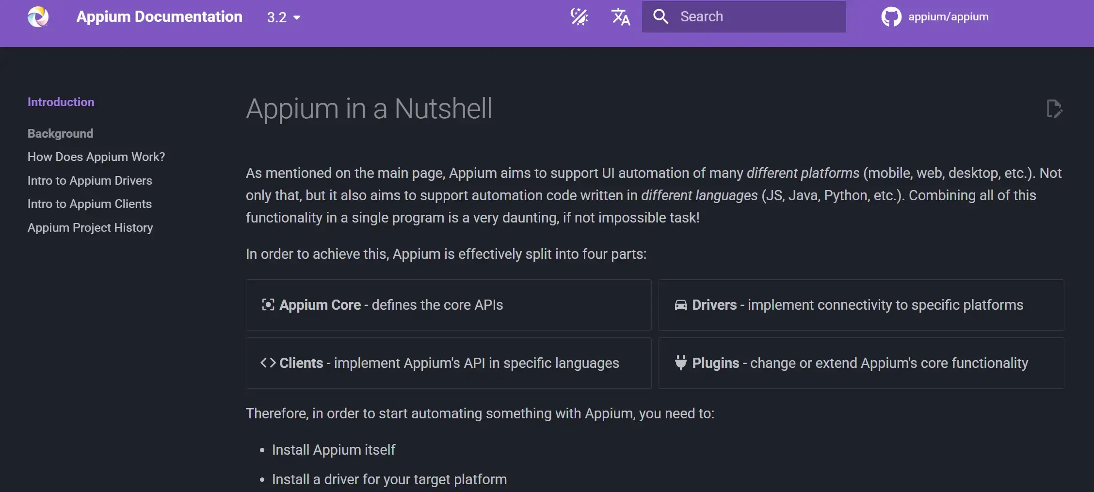 Appium open-source mobile app testing framework homepage