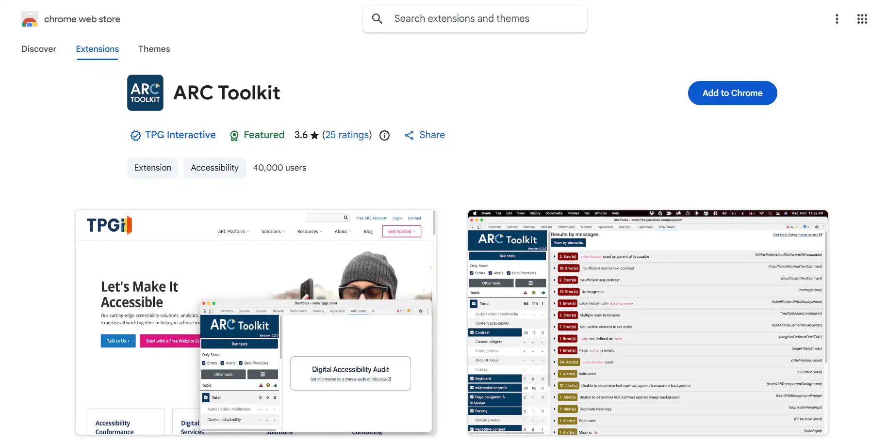 ARC Toolkit extension in developer tools showing multi-standard accessibility audit results