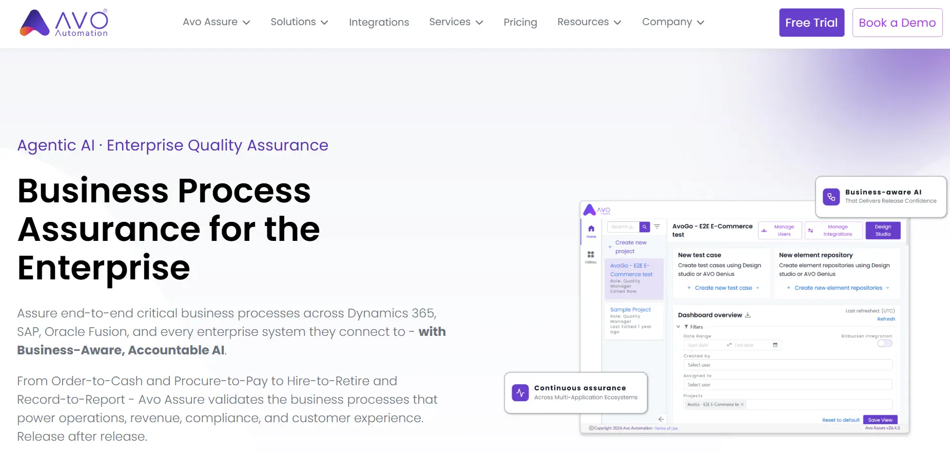 Avo Assure product dashboard showing end-to-end test case management for enterprise applications