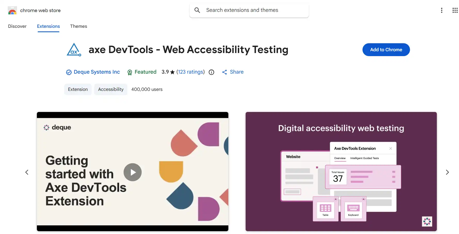 axe DevTools extension integrated in browser developer tools showing accessibility scan results
