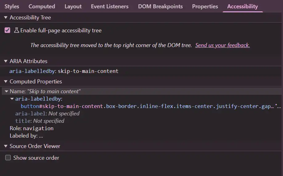 Browser Developer Tools showing accessibility properties panel with ARIA attributes for a selected element
