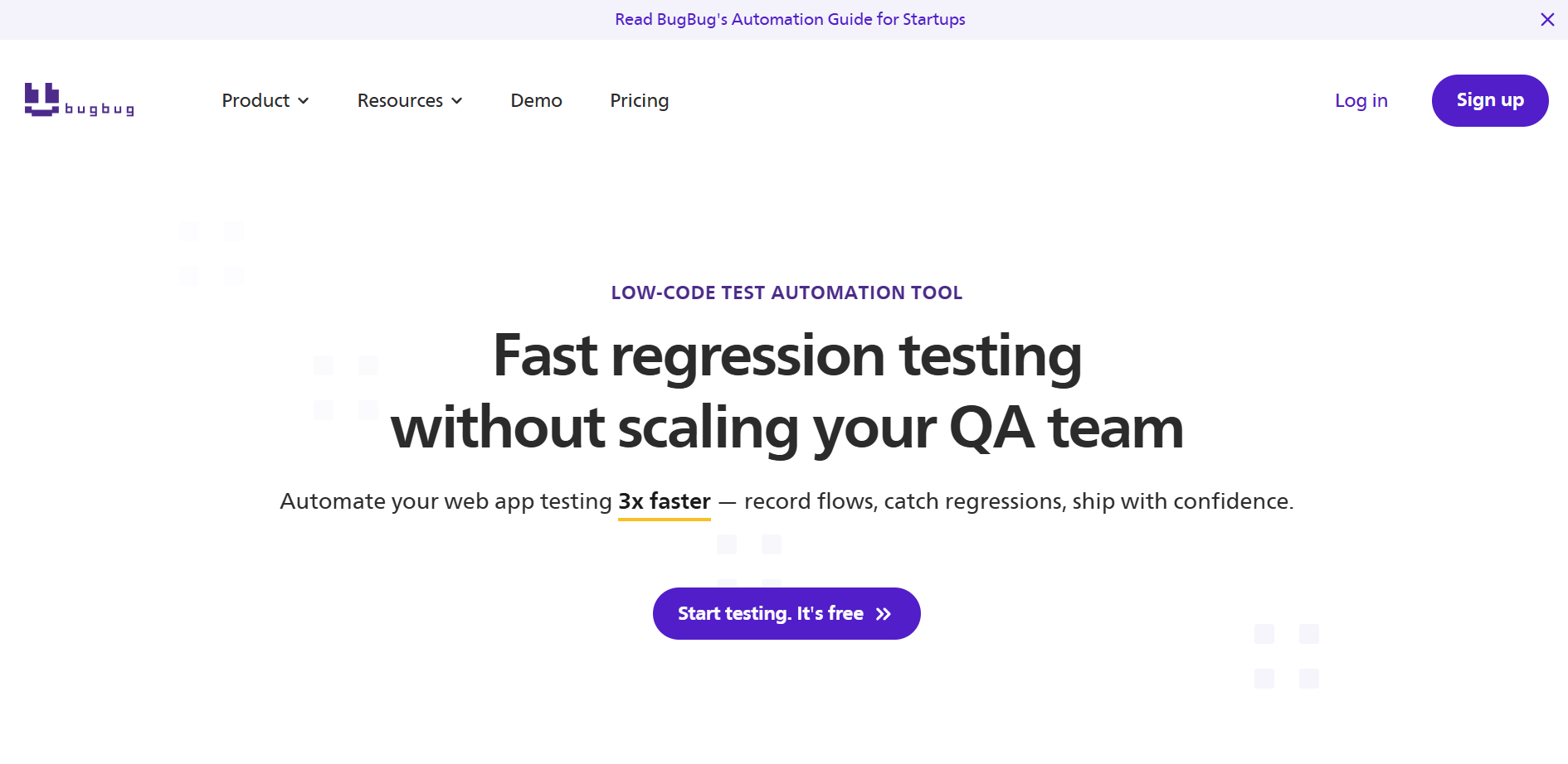 BugBug platform screenshot showing low-code test automation