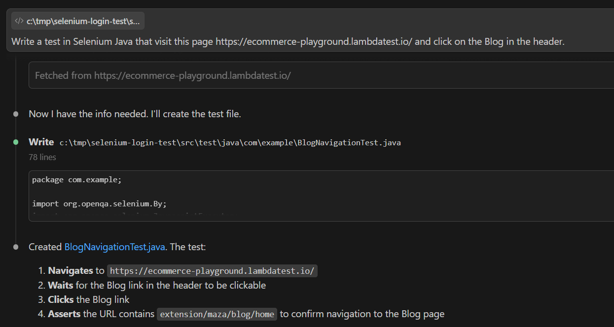 Claude Code generating Selenium Page Object and test files with the Selenium Skill