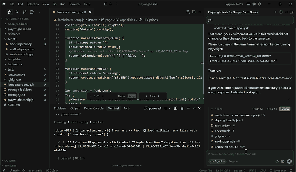 Cursor AI generating cloud test configuration files using Playwright Skill