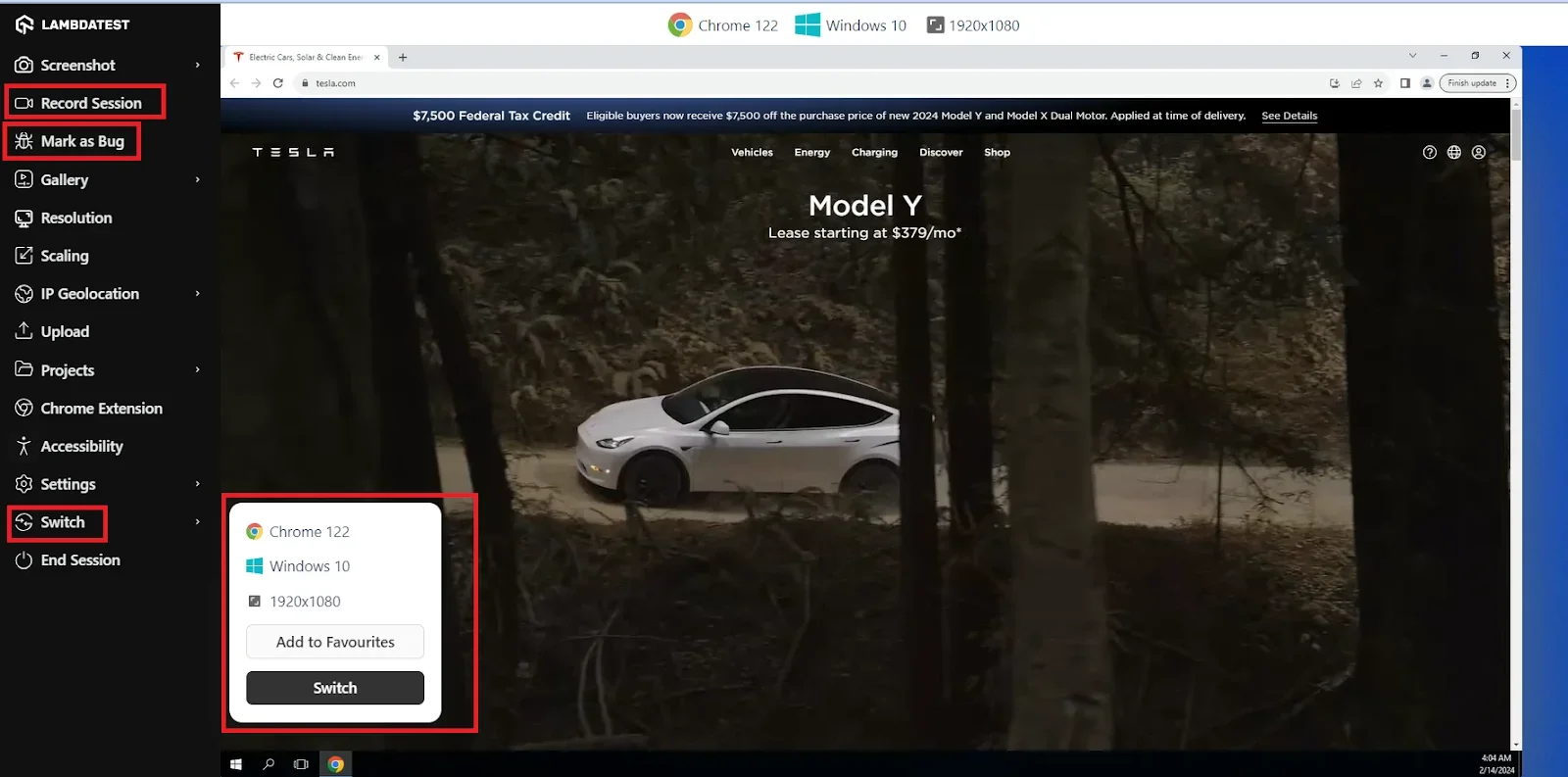 Cross-browser testing options menu interface Cross-browser testing options menu interface