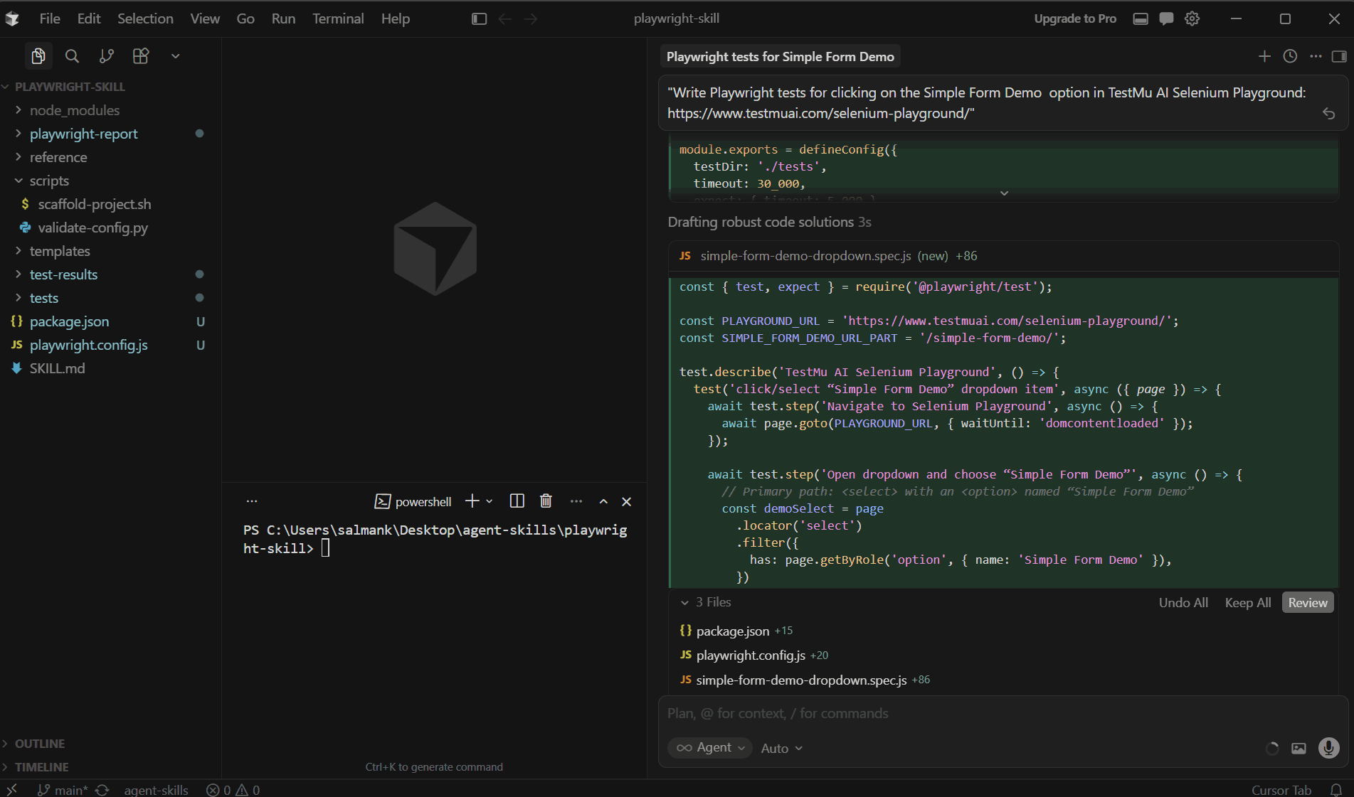Cursor AI agent generating Playwright tests using the Playwright Skill