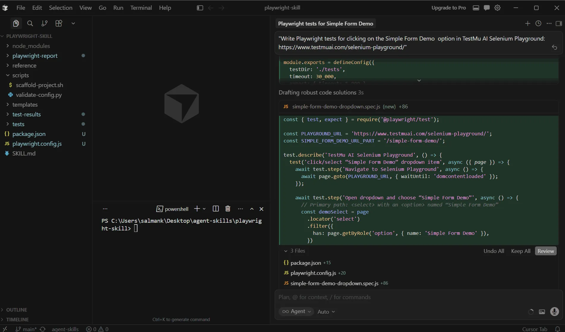 Cursor AI agent generating Playwright tests using the Playwright Skill