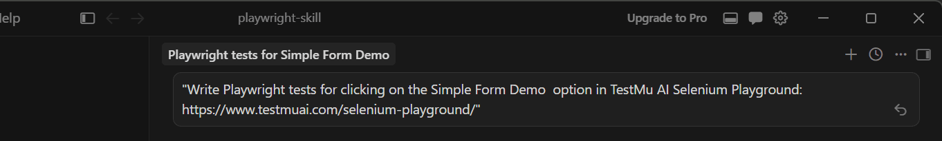 Cursor AI chat panel with Playwright test prompt using Playwright Skill