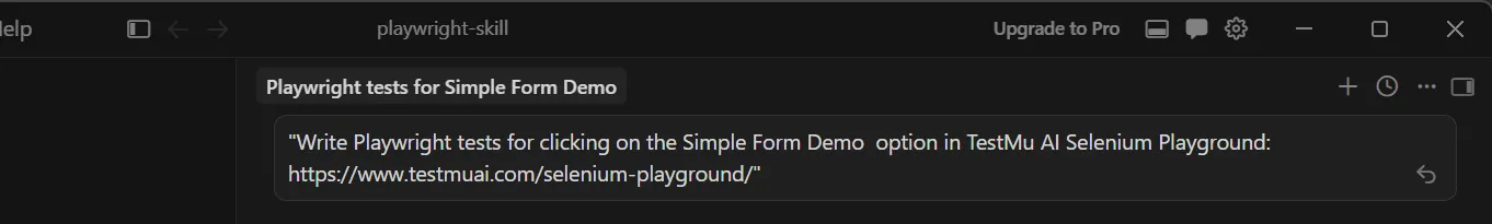 Cursor AI chat panel with Playwright test prompt using Playwright Skill