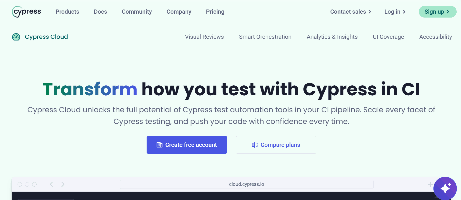 Cypress Cloud screenshot showing JavaScript-based end-to-end testing